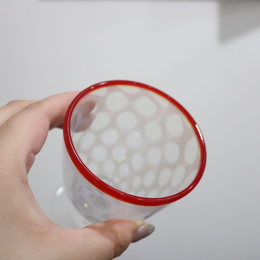 明治大正頃　赤縁 乳白　水玉文様 ナツメ形　骨董古美術氷コップ和ガラス