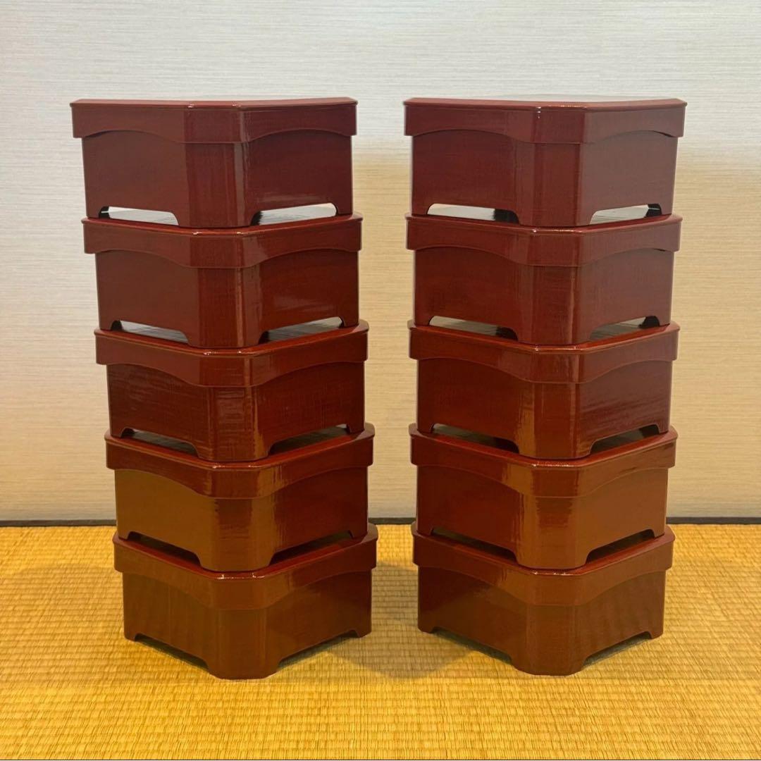 塗師 堅地屋清兵衛 作 冷泉好朱絵 縁高5重 2組 計10点 茶懐石道具 弁当箱