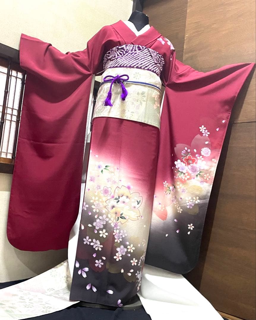 振袖フルセット6点サイズＬ跳兎　舞桜　暈し染　銀彩　正絹