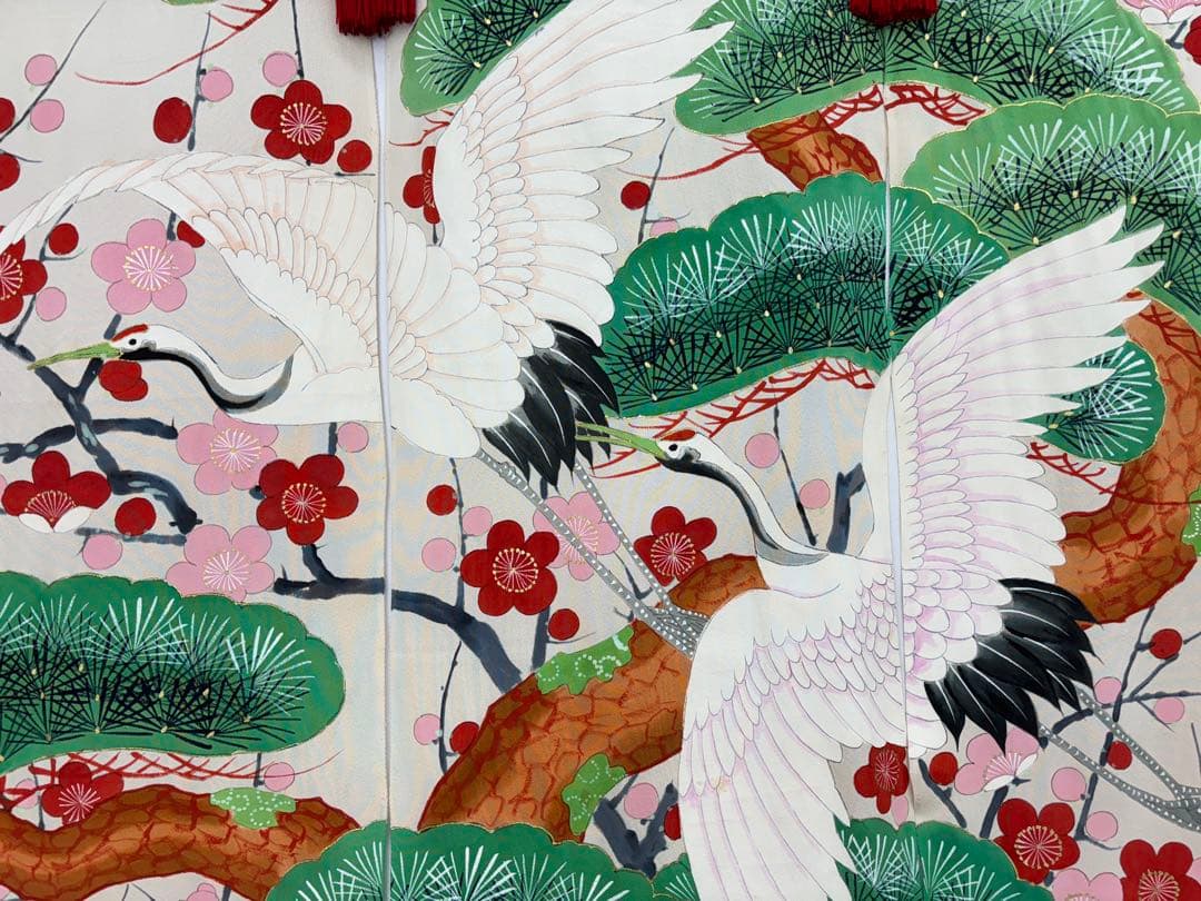 花嫁のれん　加賀のれん　鶴・松・梅／朱色・オフホワイト《こ241》#江戸小もーん