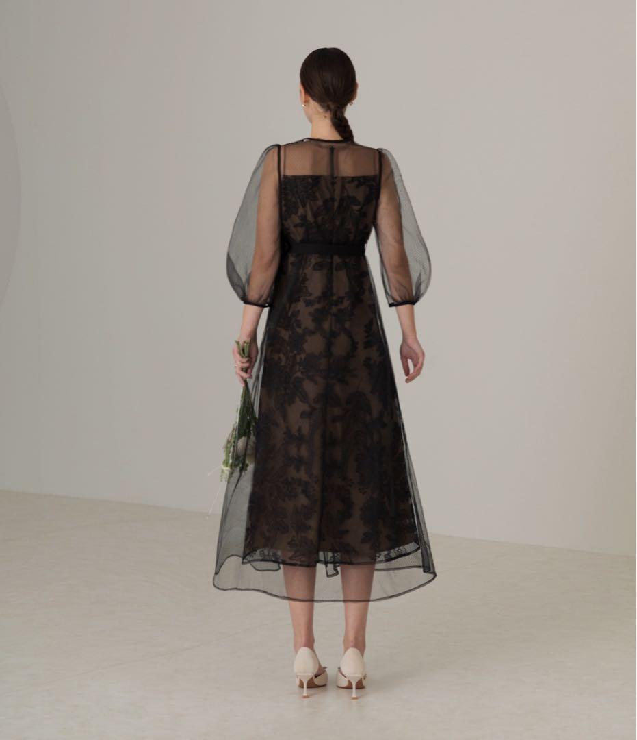 【LEJA】チュールパイピングリーフベルトAラインドレスワンピース 2点セット