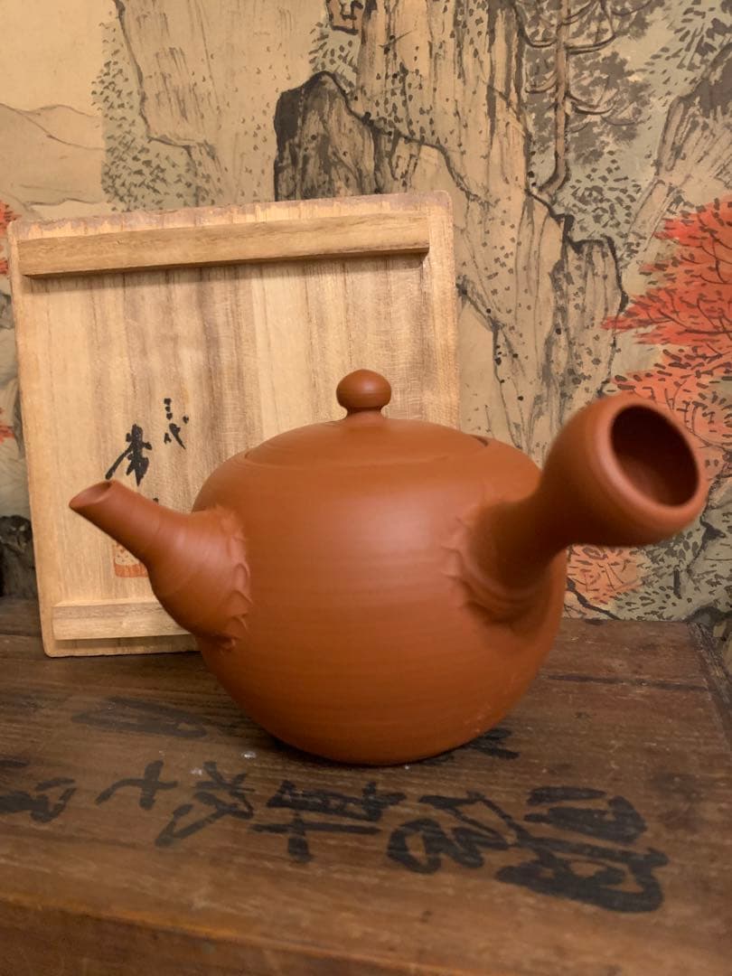 三代山田常山 人間国宝　朱泥茶注 六歌仙文字　古美術　　美品　　共箱　39