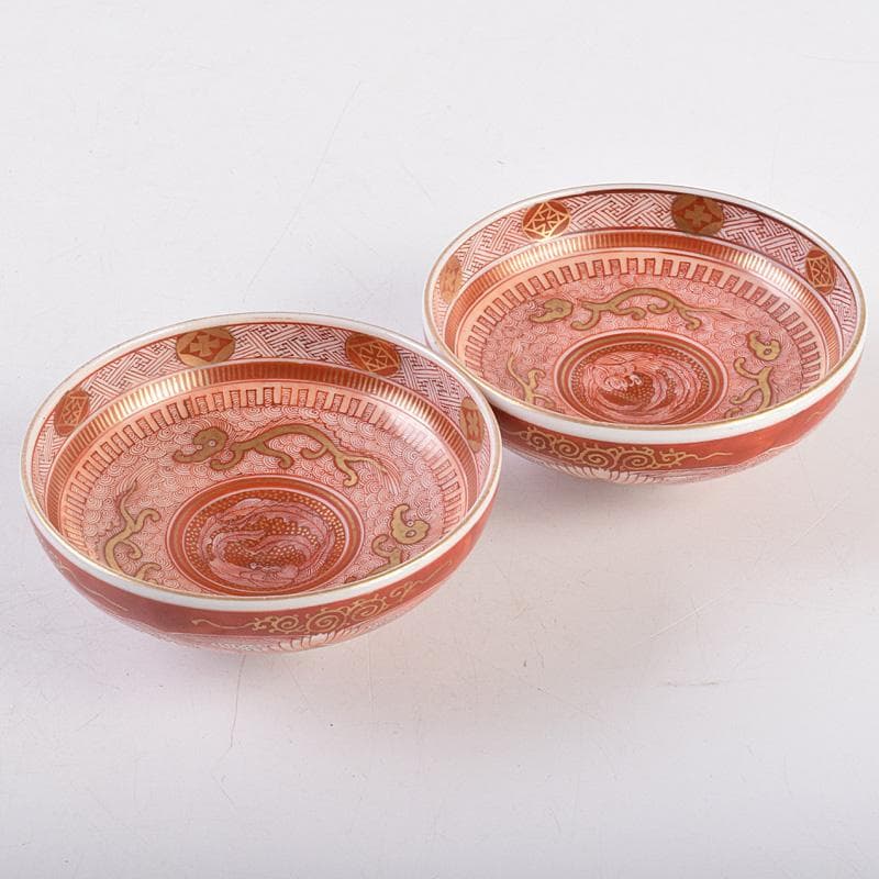 九谷焼　古九谷　赤絵金彩　鳳凰文　盃　一對　時代箱付　D　R8979