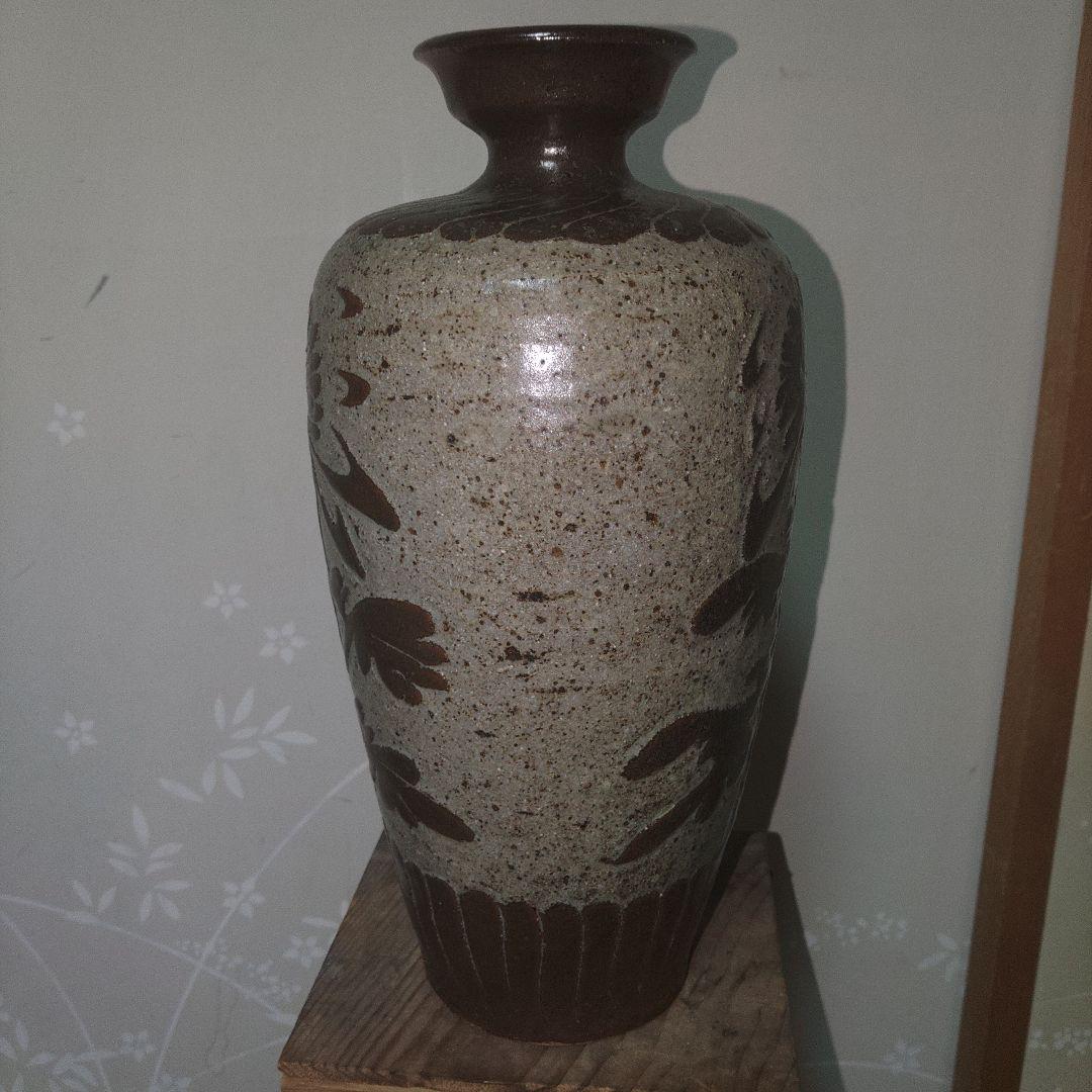 益子焼　伝統工芸師　三村北土　菊花刻文花瓶　木箱付