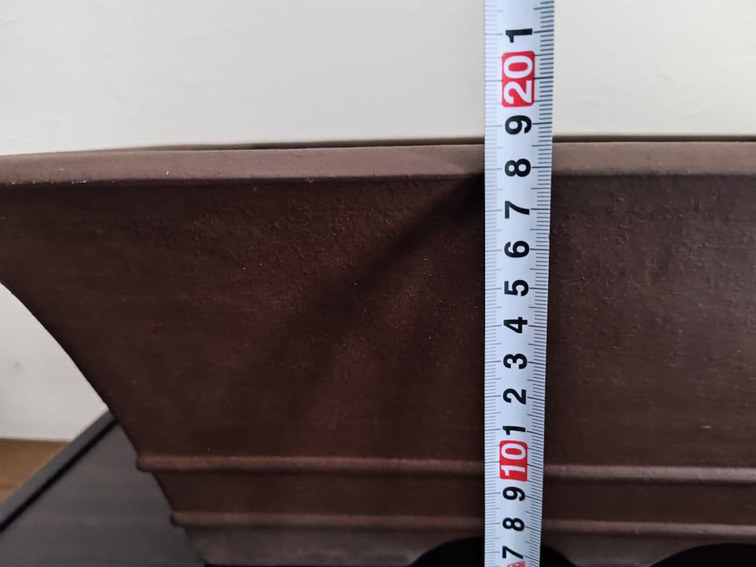 茶色の陶器製長方形盆栽鉢 太山　落款あり　希少　大型