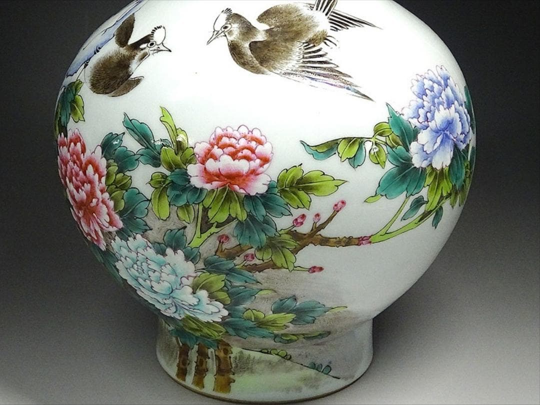 中国古玩 景徳鎮製 肖功旺画 絵付 花瓶 時代物 高約35.5cm z01156