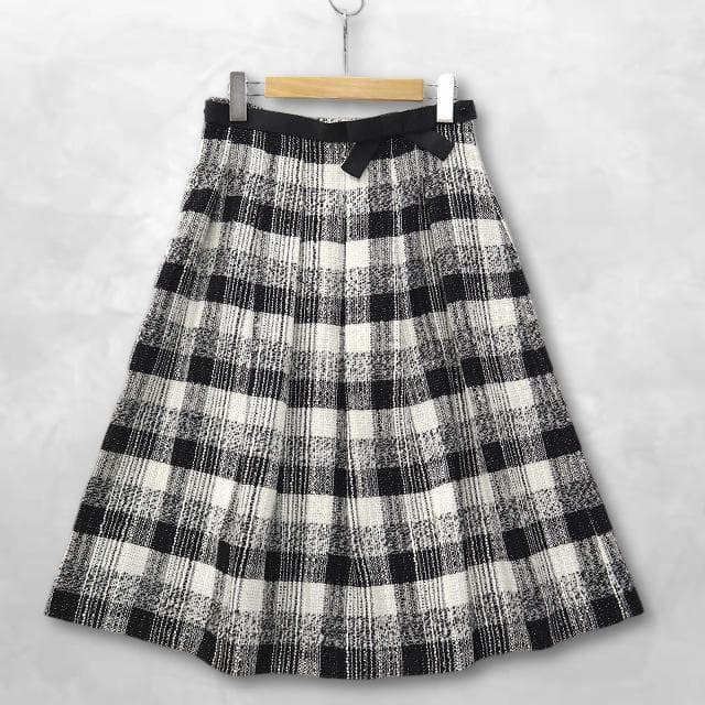 エムズグレイシー グログランリボン ラメ チェック柄 ツイード フレアスカート