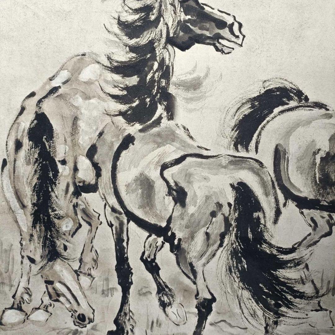 徐悲鴻「三駿図」三尺中堂掛軸 防偽マーク付き／複製画 掛軸 約77×175cm