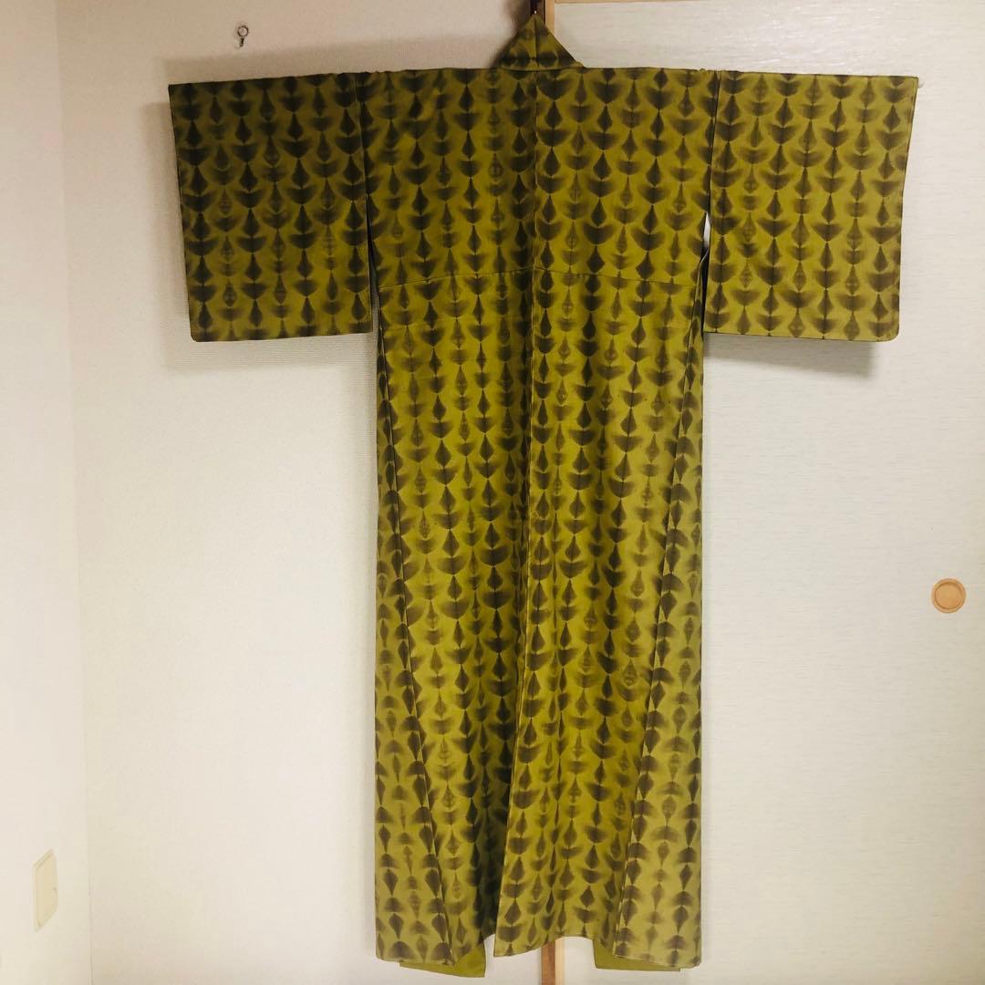 【未使用　トールサイズ】絞　青海紋　作家物　結城紬　袷　裄丈70.5 身丈170