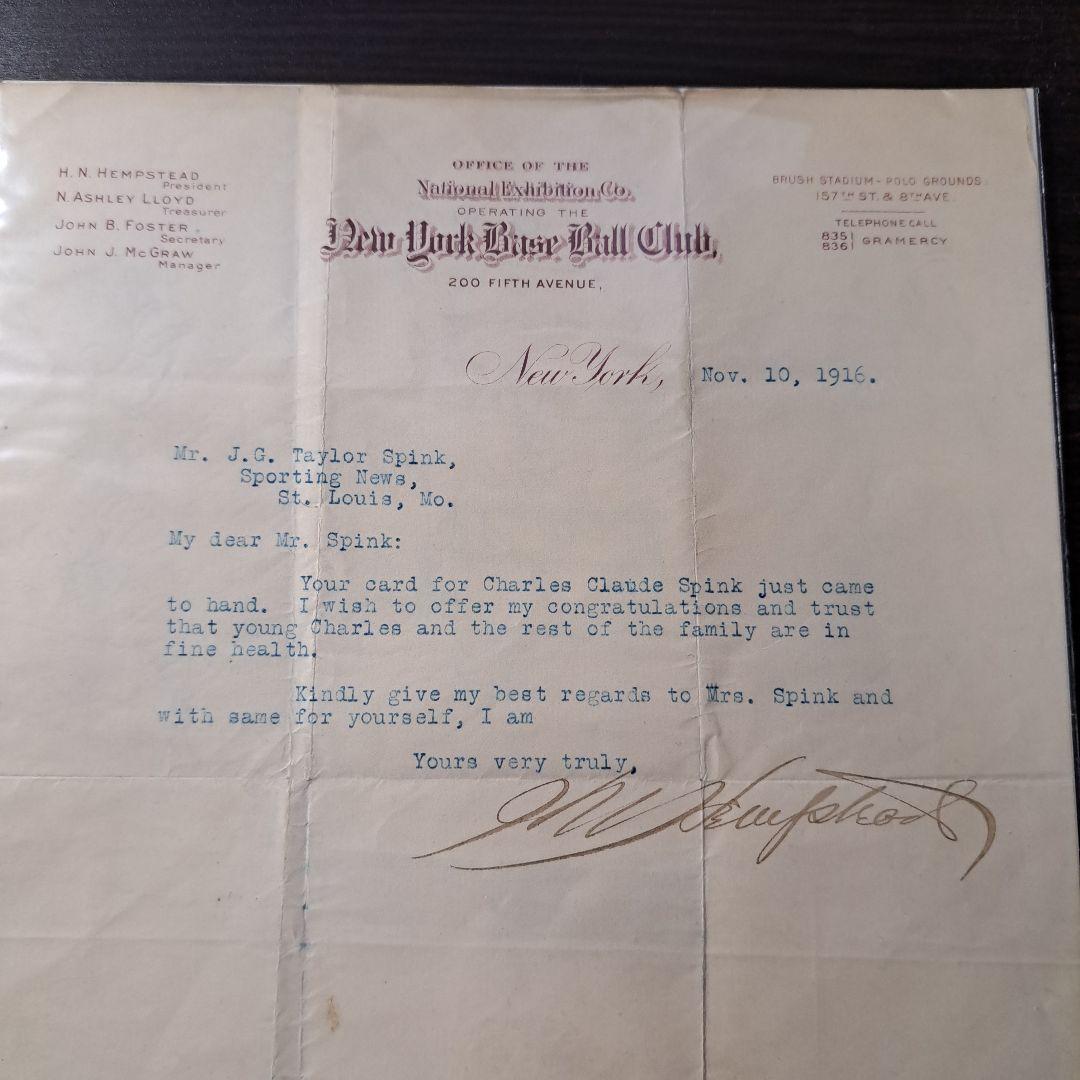 直筆サイン　NYジャイアンツ・オーナー　　1916年手紙　MLB 歴史