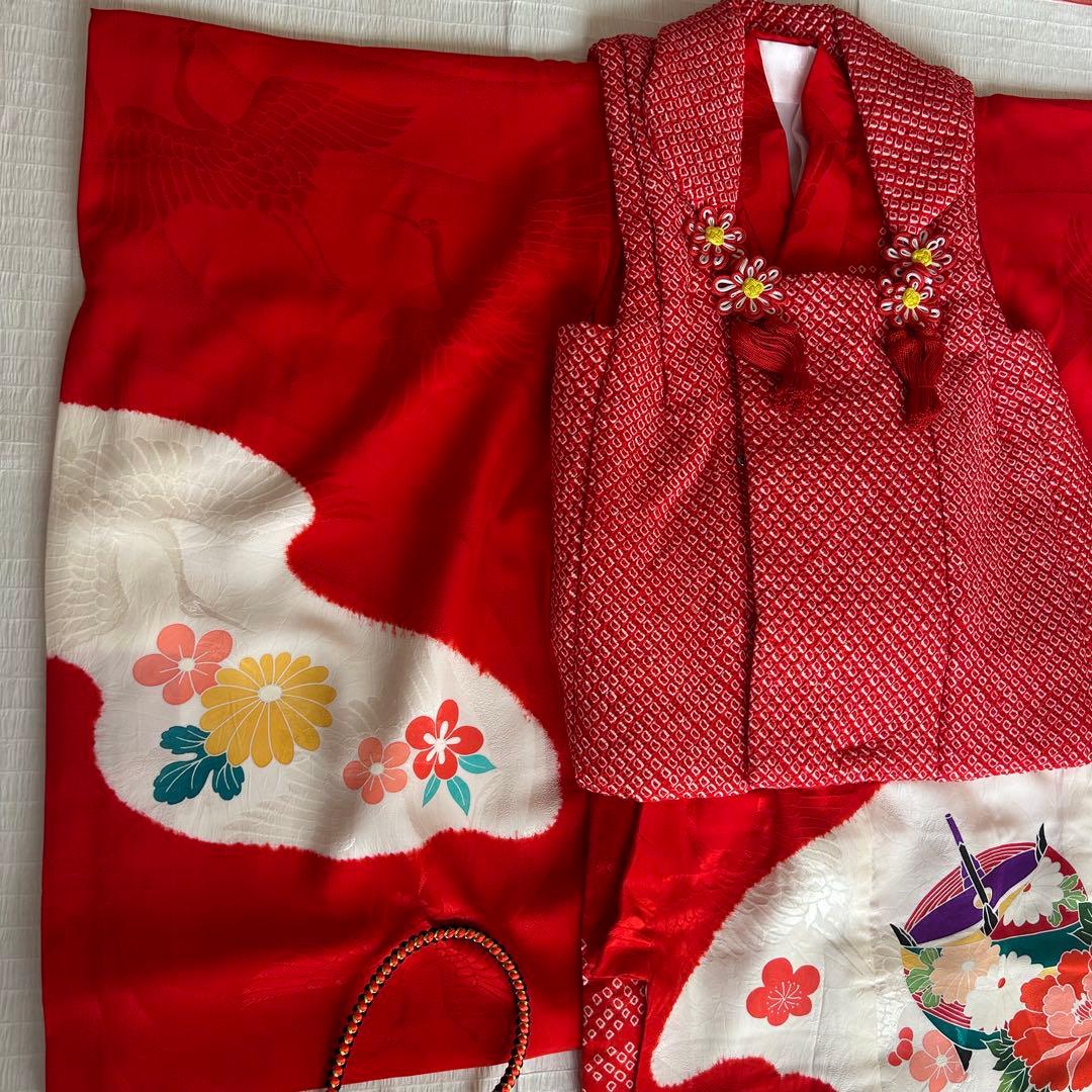 七五三 3歳 総絞り 被布 着物 絹 三歳 赤 草履 753 バッグ 花 レトロ