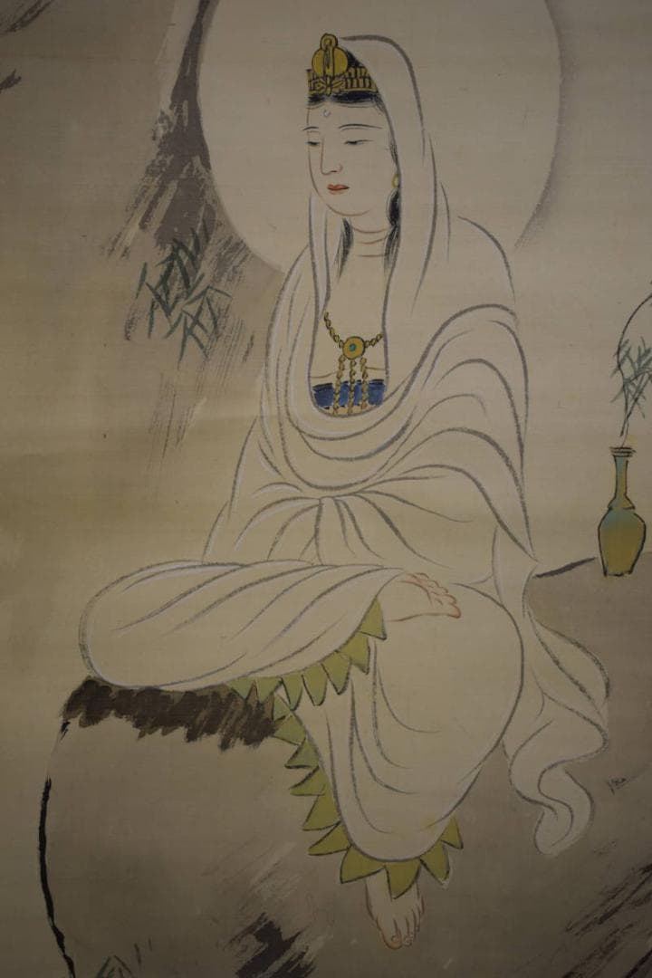 真作/三井萬里/楊柳観音図/桐題箱付/布袋屋掛軸HH-459