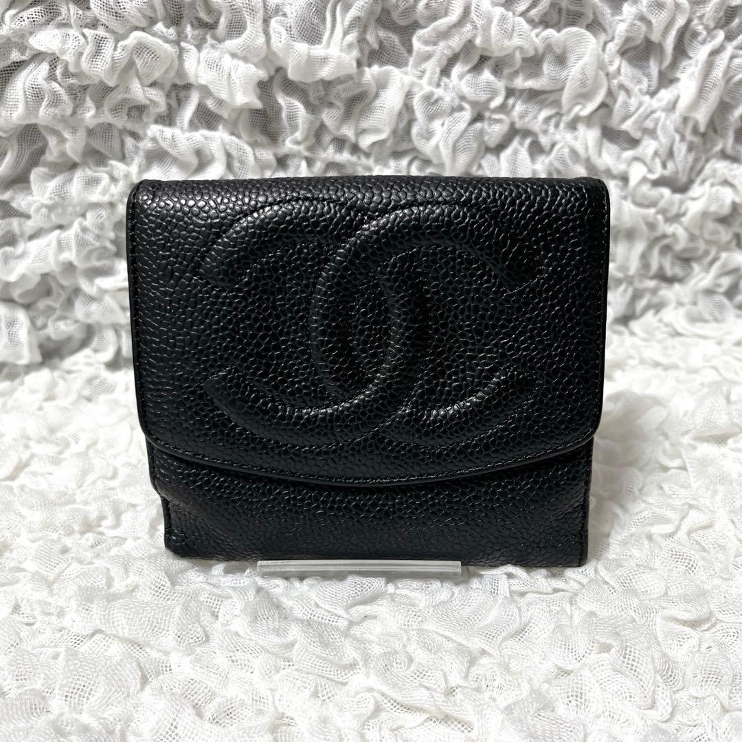 良品✨CHANEL シャネル キャビアスキン 折り財布 ココマーク ブラック