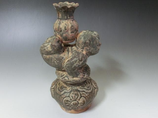 置物■唐子 花瓶 オブジェ 中国 時代物 古玩 古い花器 青磁 骨董品 希少■
