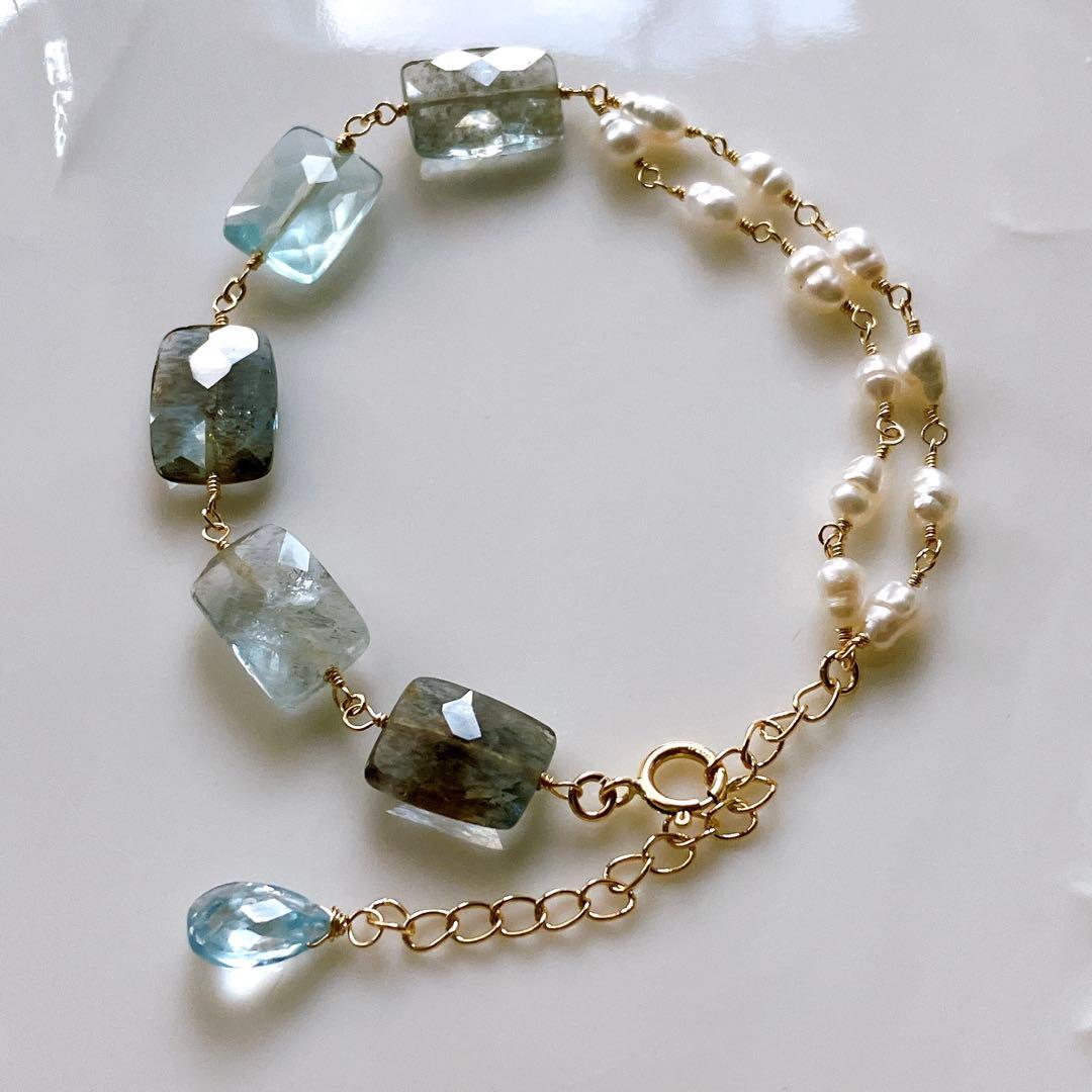 みっちゃん◆レクタングルモスアクアマリン×淡水パールブレスレット