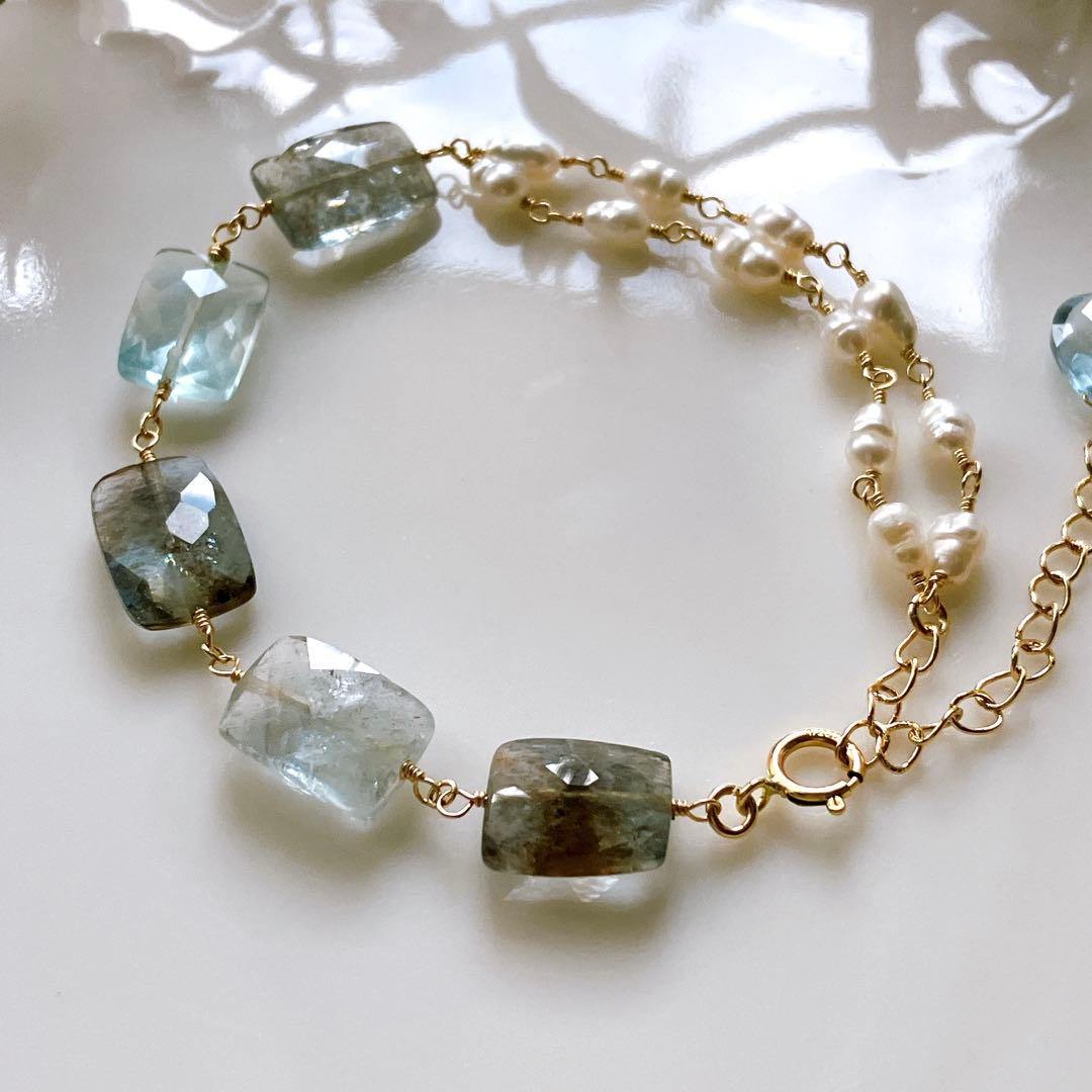 みっちゃん◆レクタングルモスアクアマリン×淡水パールブレスレット