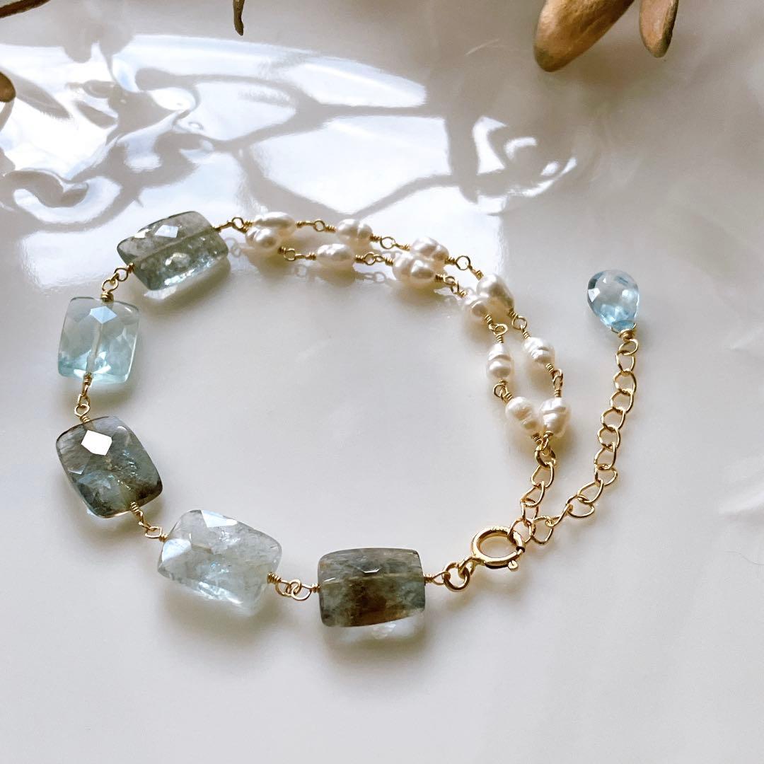 みっちゃん◆レクタングルモスアクアマリン×淡水パールブレスレット