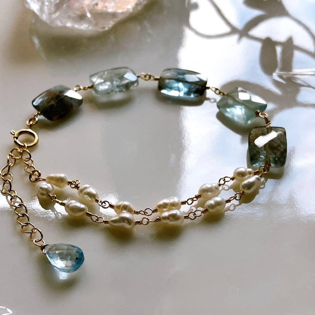 みっちゃん◆レクタングルモスアクアマリン×淡水パールブレスレット