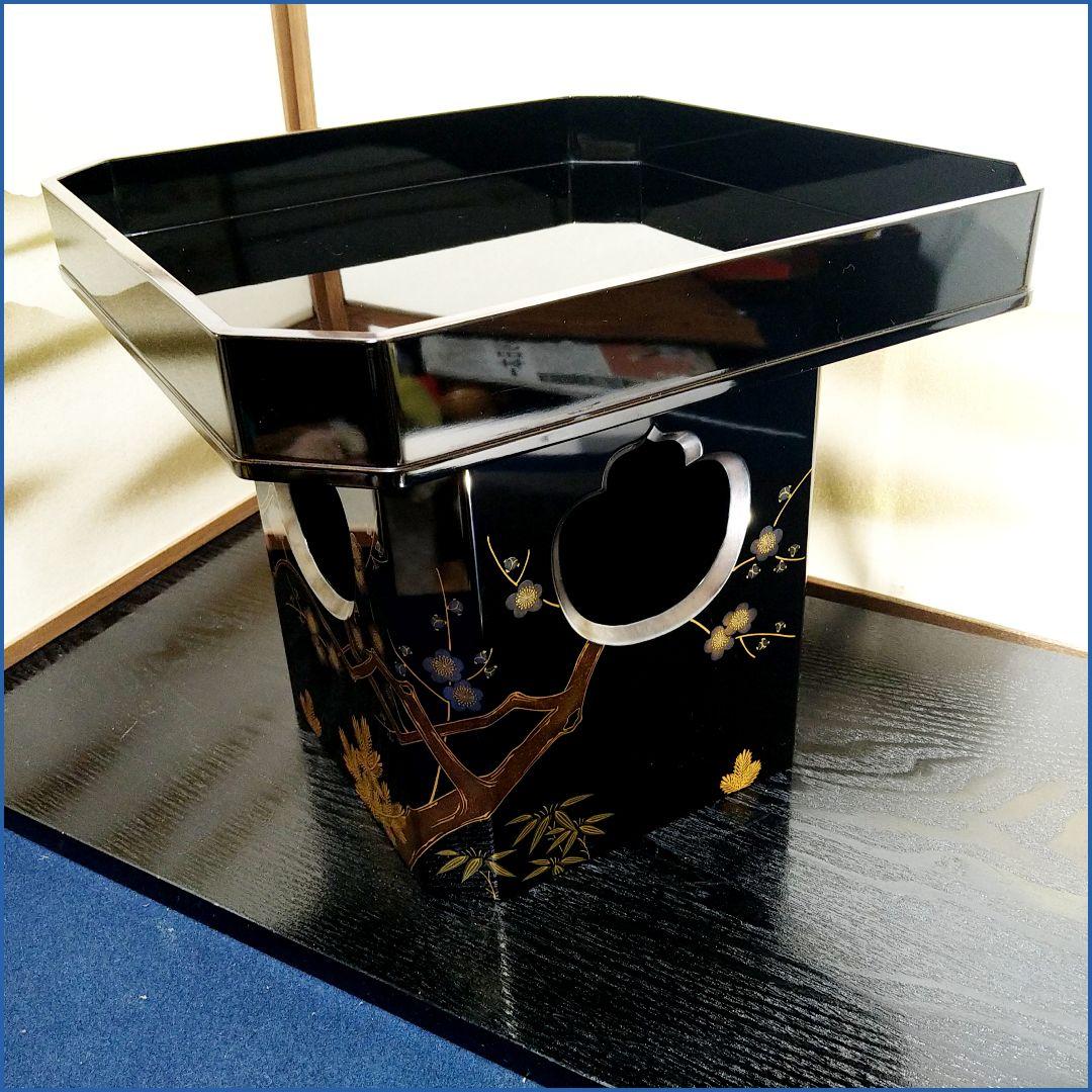 ユウイチAG87 輪島塗 三宝 清楓 蒔絵沈金蒔絵 松竹梅 縁銀彩木箱共箱