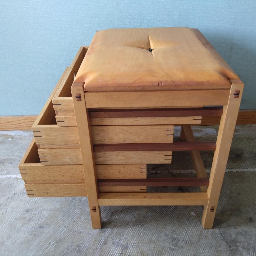 木製　スツール　引き出し付　組み木