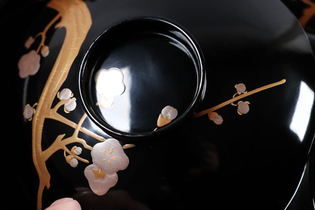 木製漆器 梅蒔絵 黒塗 椀 五客 漆芸 茶懐石 会席道具【MA287】