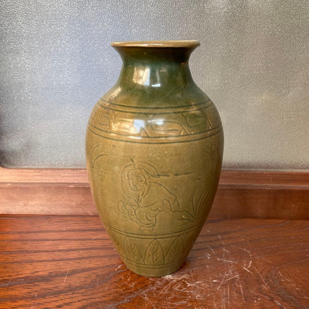 耀州窯青磁人物図花入 宋時代まとめて4点