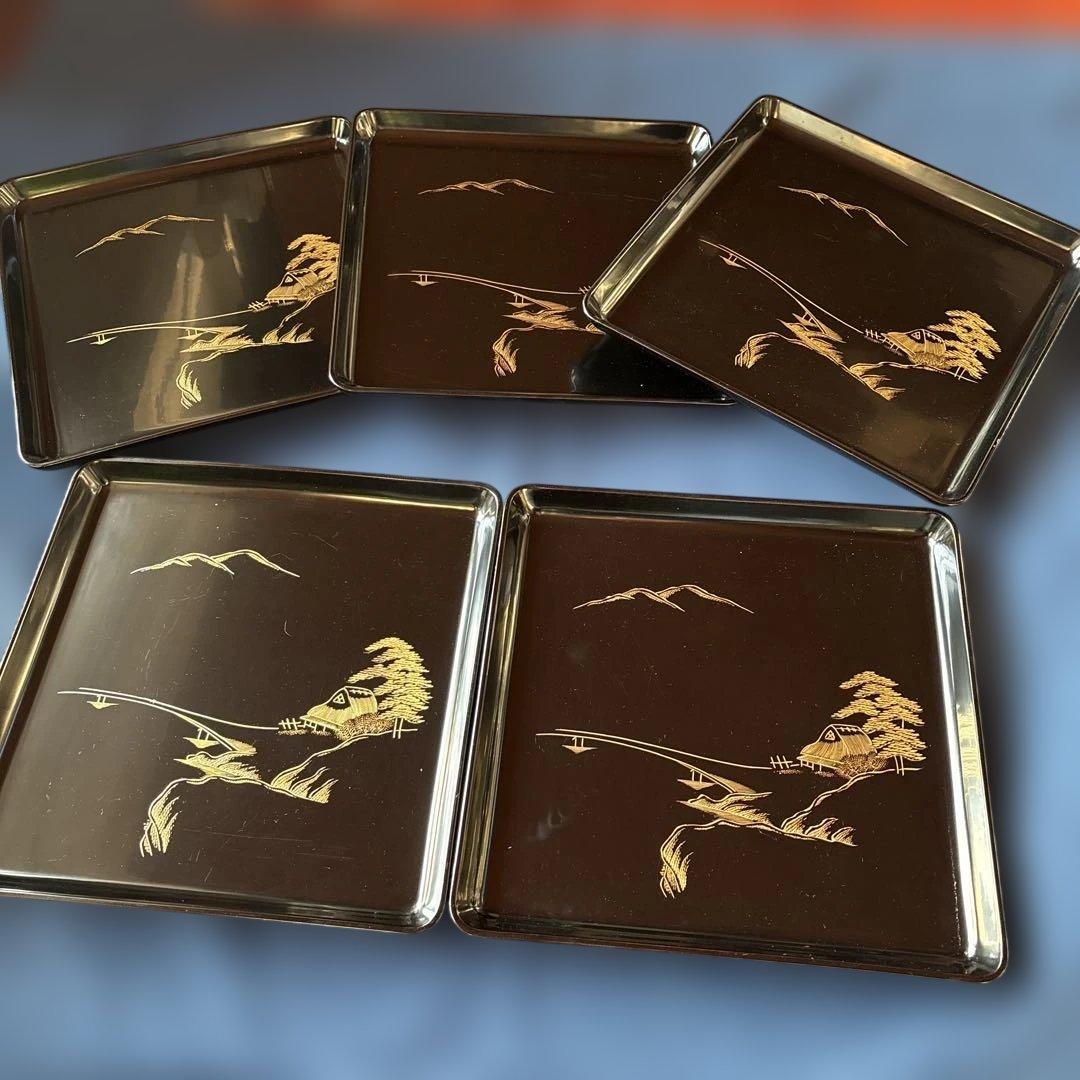 輪島塗　漆器 膳 5枚セット 黒と金の風景　蒔絵　沈金