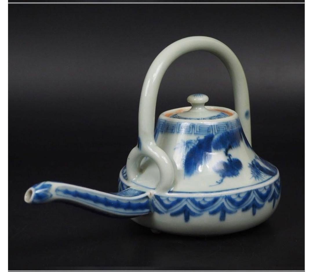 送料無料　江戸期嘉永6年（咸豊年相当）青華銚子/茶注（長口茶壷）完品無傷本物保証