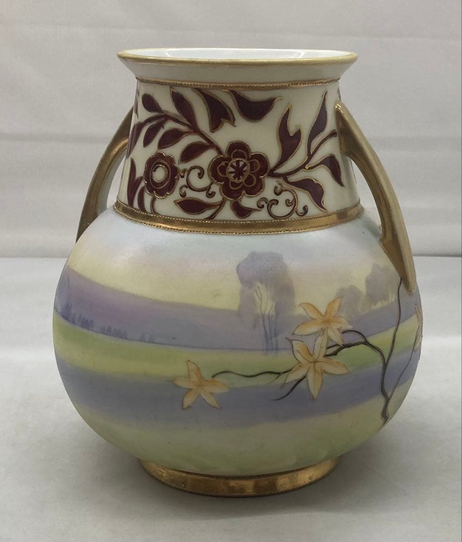 B411s「花のある風景図 花生」オールドノリタケ　ハンドペインティング