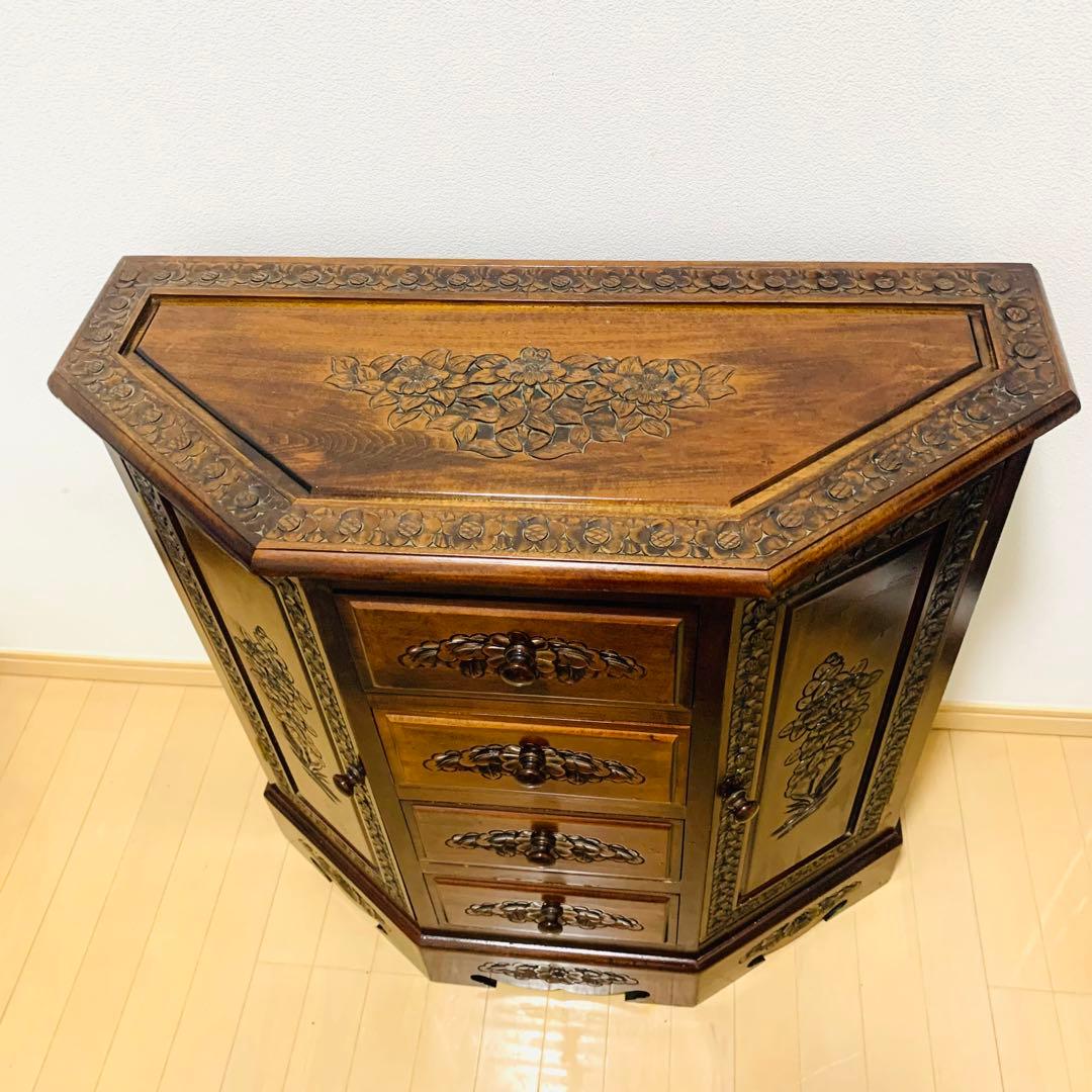 木彫刻 チェスト 引き出し 4段 サイドボード キャビネット アンティーク調