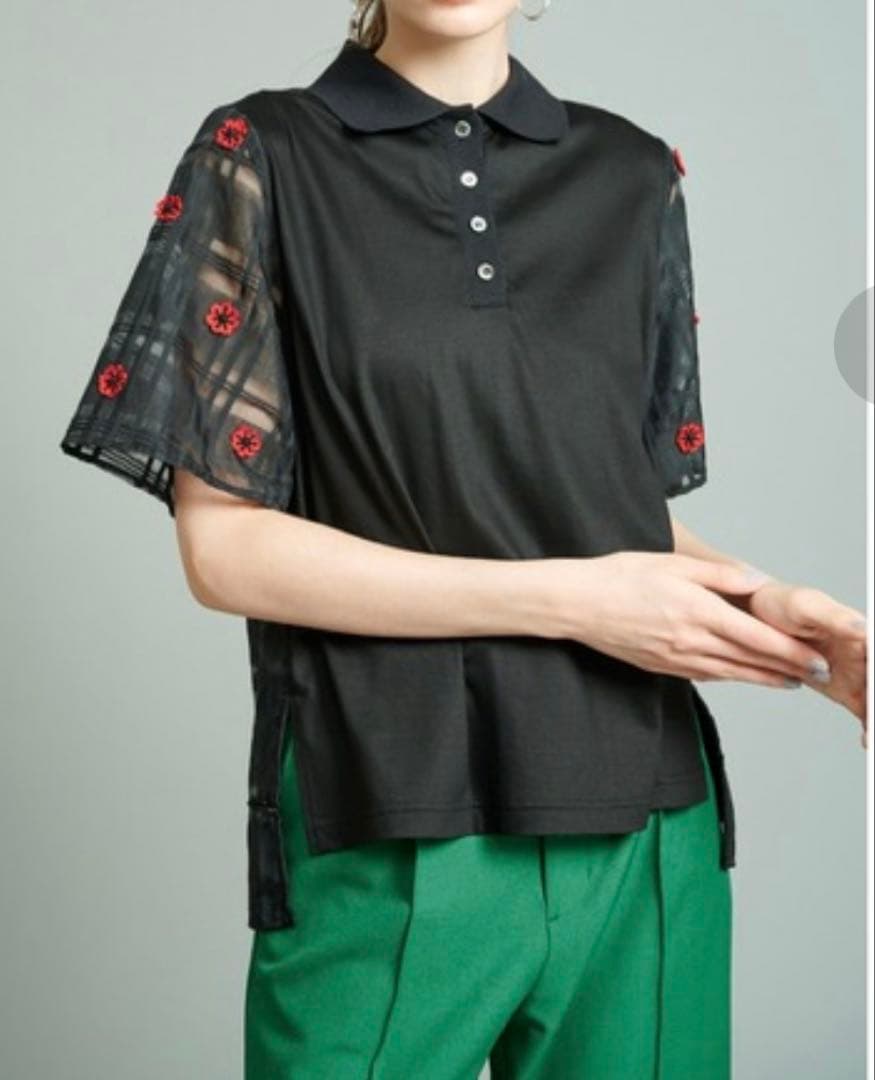 MUVEIL 花モチーフポロシャツ ブラック　36