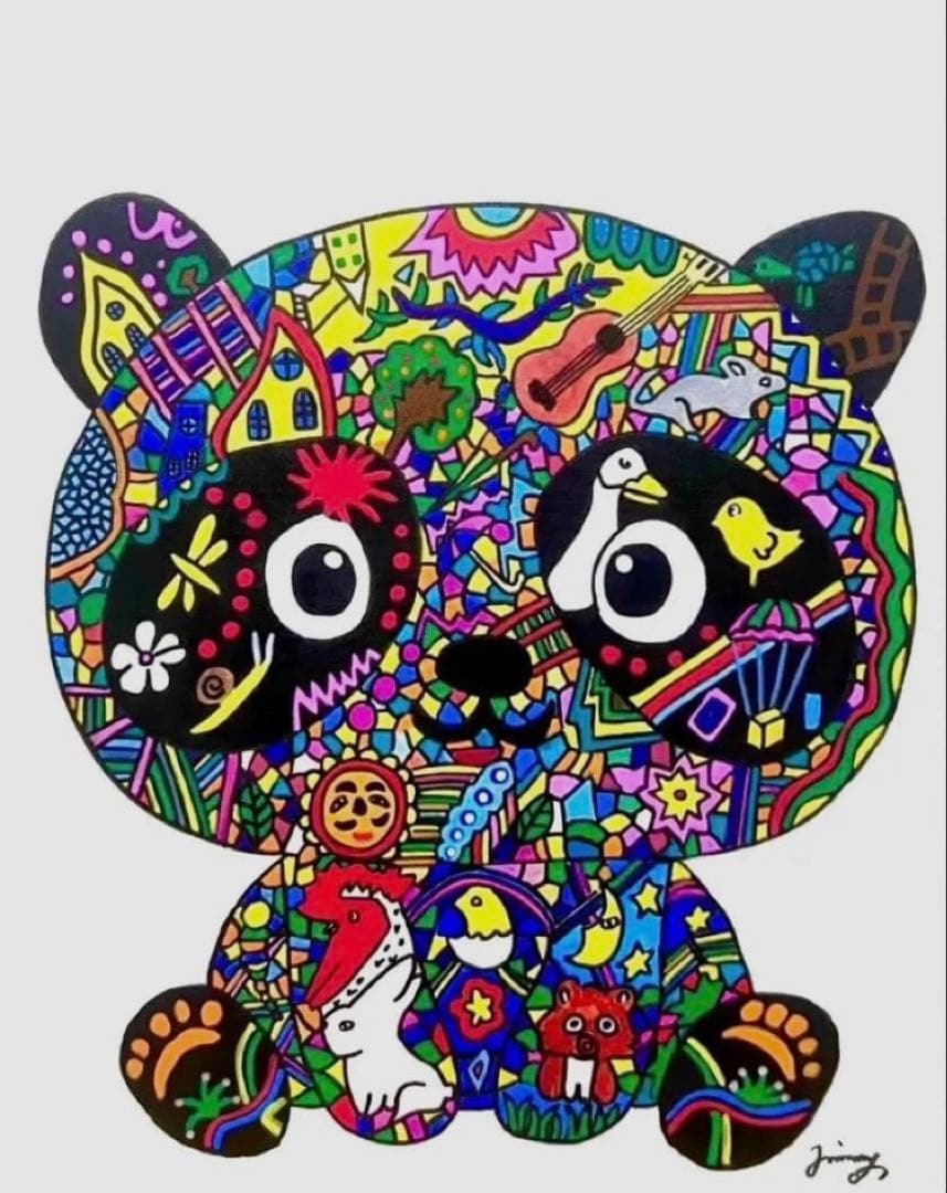 SALE【F6号】ジミー大西 （森 パンダ）手描き/表裏サイン有/油彩/アクリル