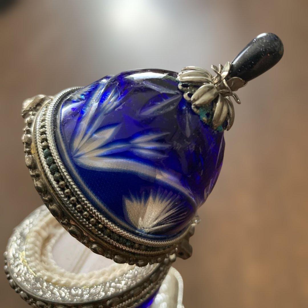 アンティーク⭐️コバルトブルー切子ガラス⭐️オルゴール付きリングケース⭐️蔵保管