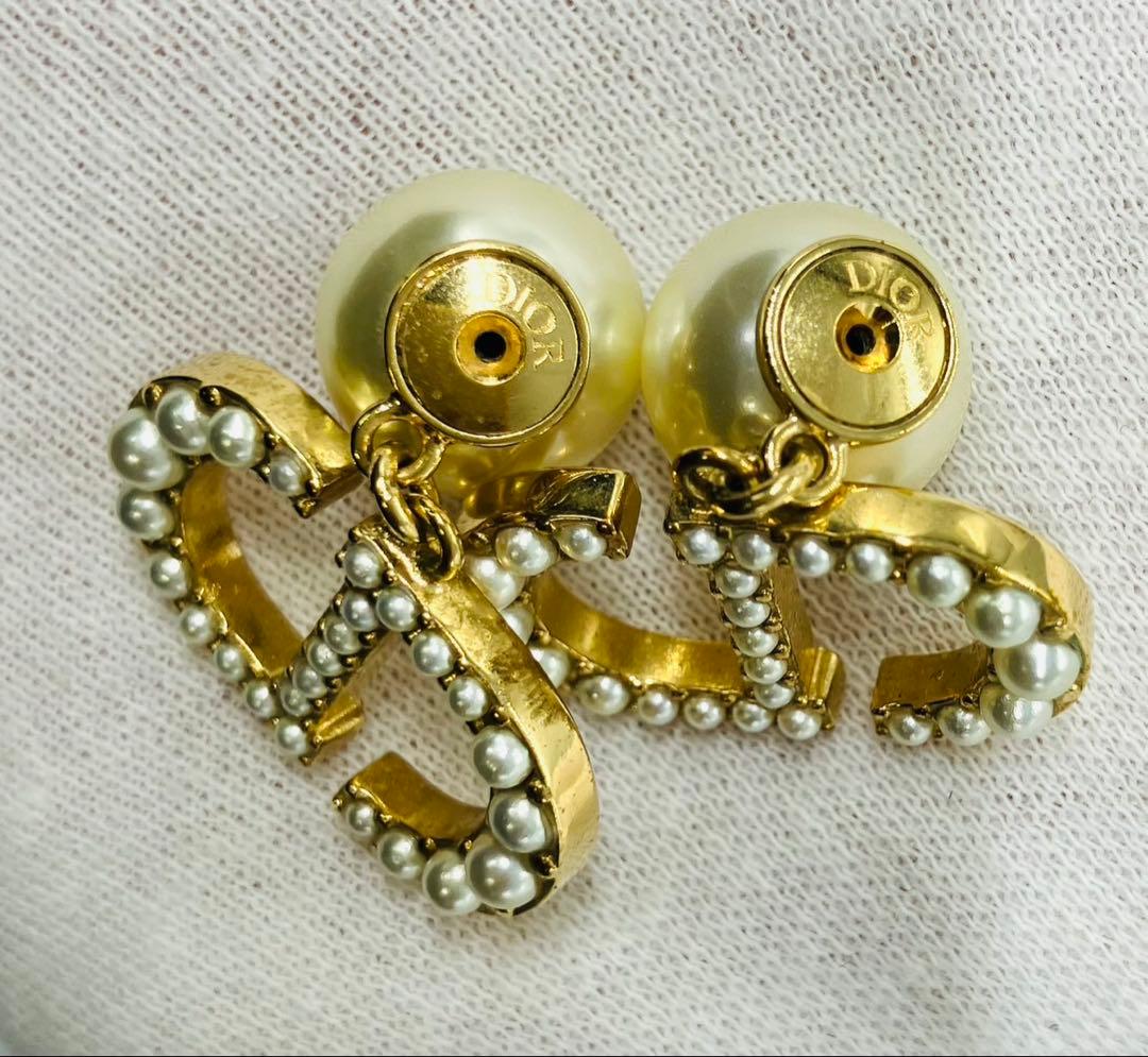 DIOR ディオール トライバル ラインストーン ロゴ ピアス ゴールド パール
