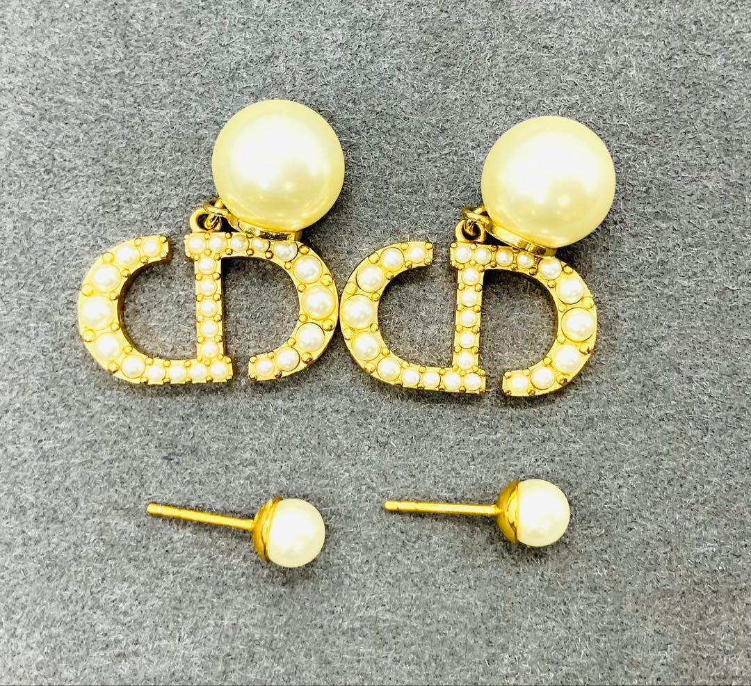 DIOR ディオール トライバル ラインストーン ロゴ ピアス ゴールド パール