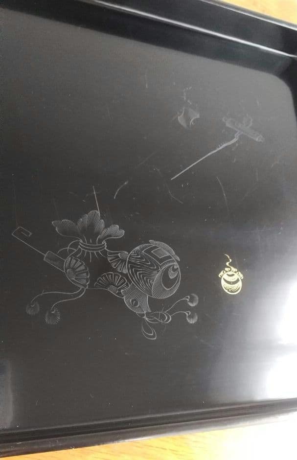 大正14年　『漆器黒膳』10枚セット　木箱入り　打ち出の小槌柄　1925年