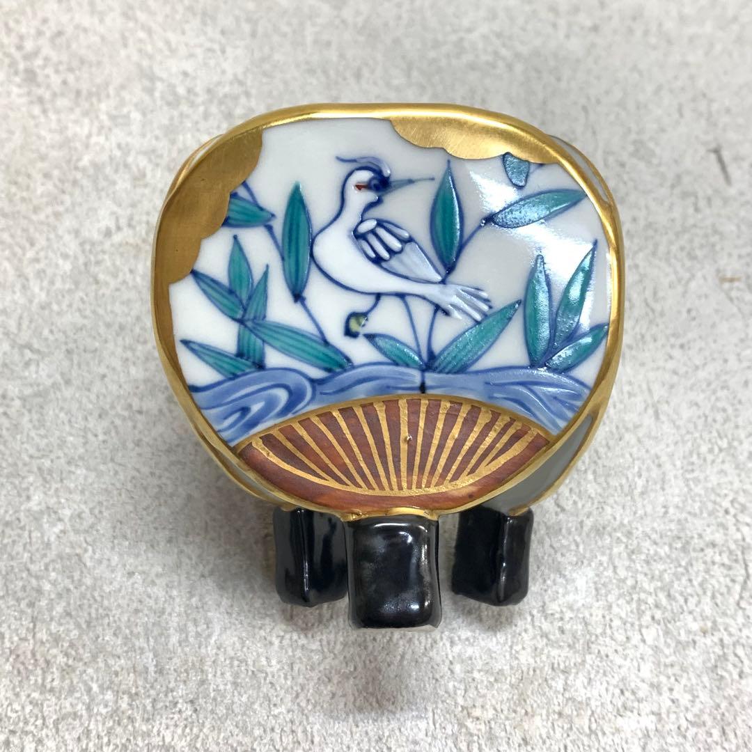 蓋置 高野昭阿弥 団扇 共箱 花鳥 金 茶道具 茶の湯