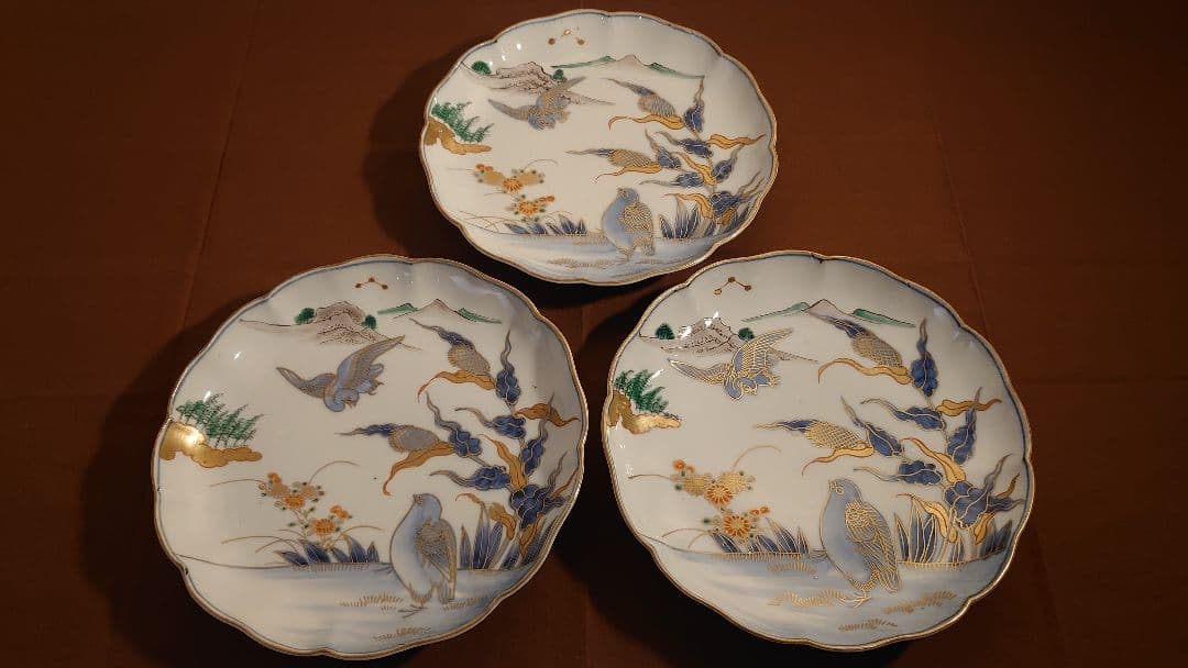 古伊万里　伊万里　大聖寺伊万里　大皿　金襴手　鳥の図　江戸期　3客