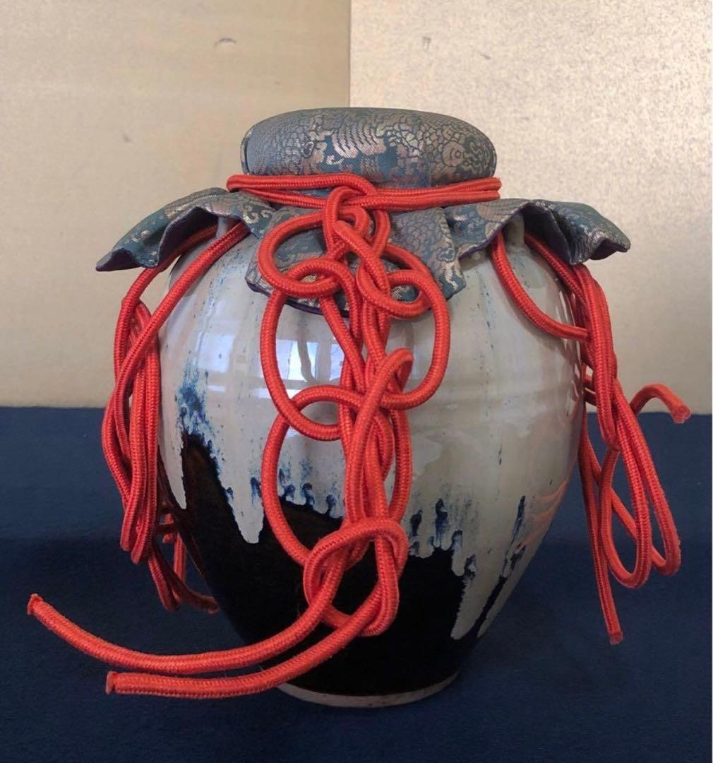 《R》茶道具 四つ耳 飾壷 飾り紐 網紐 口覆 在銘 共箱　251125え6