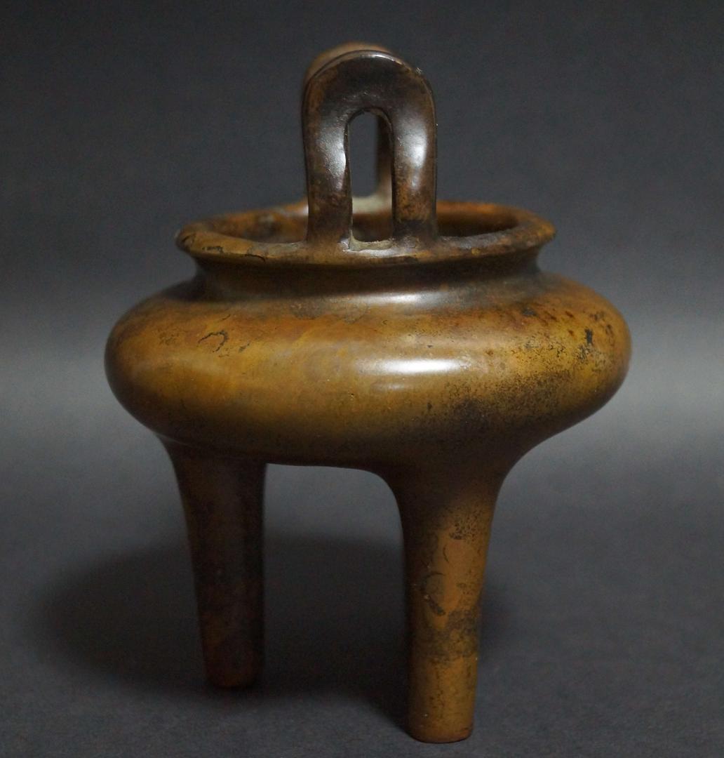 清 名古斎 款 古銅製琴炉 双耳鼎足 香炉 銅爐 茶道具/ 香道具 古美術時代物