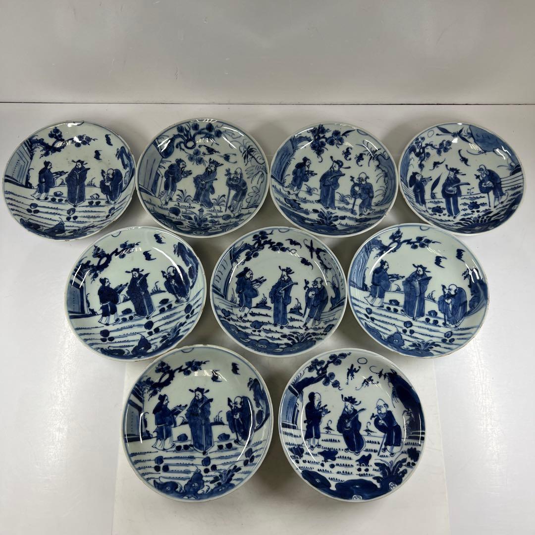 中国明末清朝期　古染付人物画中皿19枚　木箱　約16.5㎝東Y7-0723⭐︎2F