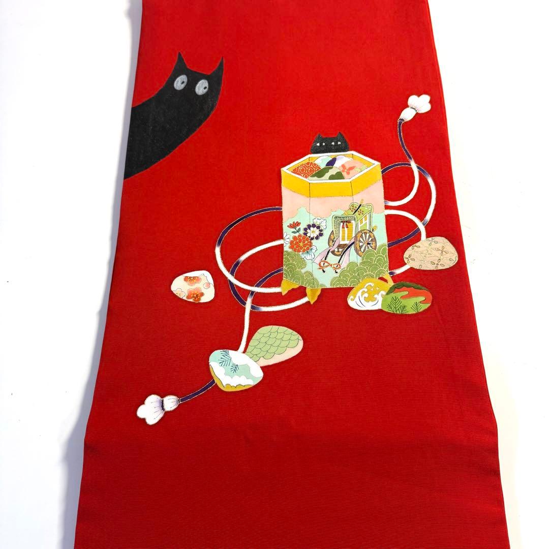 5k2747 名古屋帯　絹　塩瀬帯　猫　赤　黒　ピンク　青　金色　花柄　和装