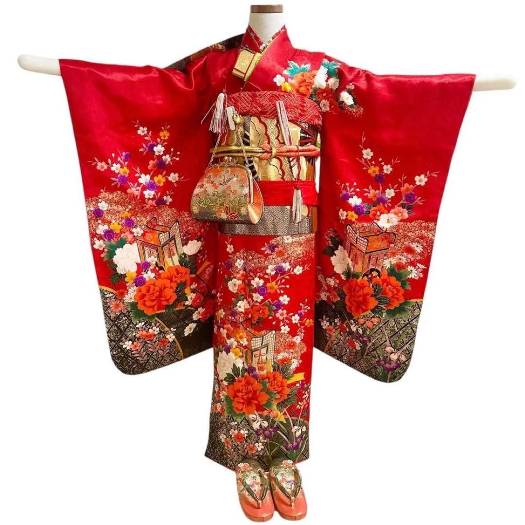 着物　七五三　7歳　女の子　13点　フルセット　赤　御所車　花文　吉祥文様