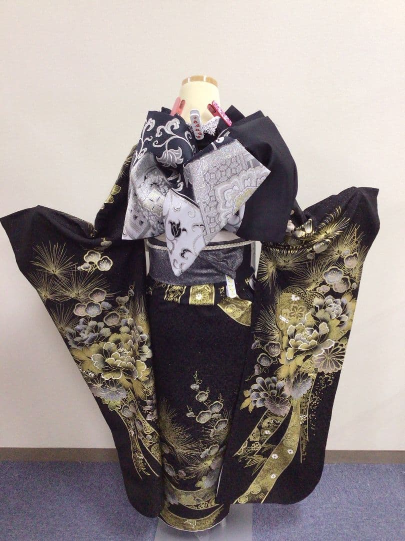 【157~170センチぐらいの方が適応サイズ】振袖以外のフルセット　黒×金
