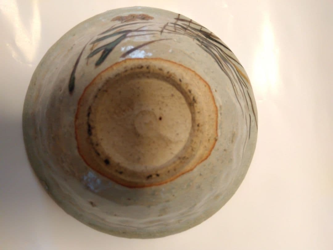 お値下げ　青色陶器抹茶茶碗 金色花柄