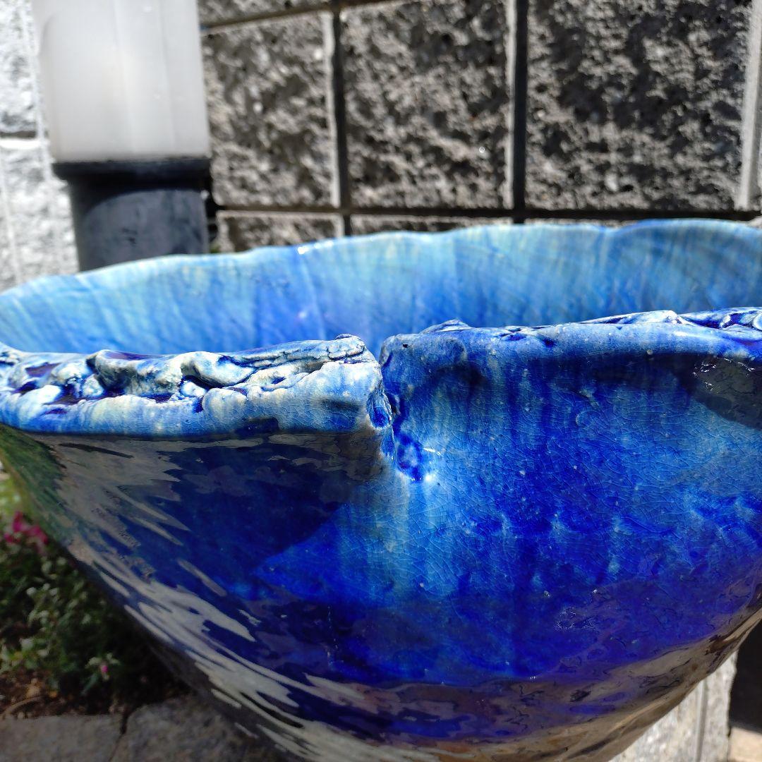 信楽焼手作り　ブルーガラスめだか鉢金魚鉢　直径53㌢