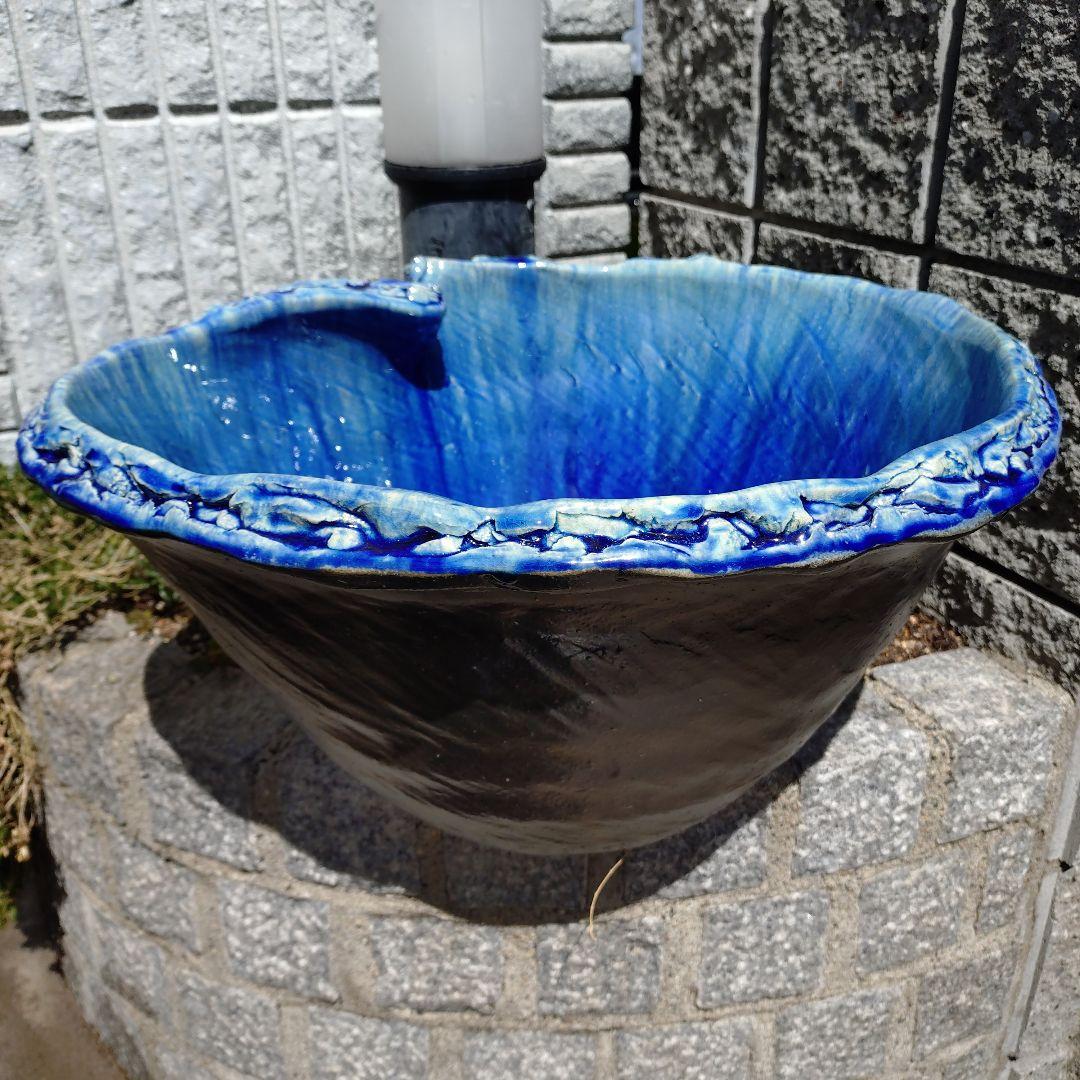 信楽焼手作り　ブルーガラスめだか鉢金魚鉢　直径53㌢