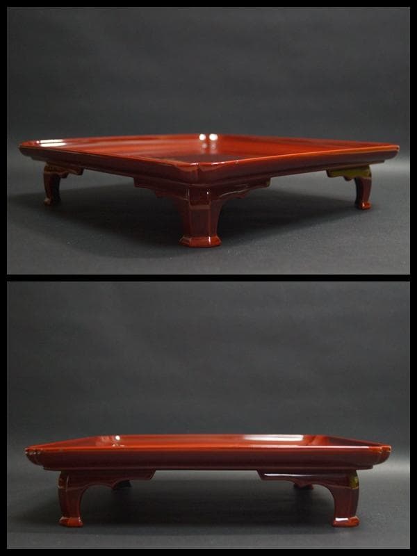 明治期 輪島塗 溜塗金銀蒔絵『波千鳥文』足付膳盆(十客) 木製角会席膳　茶道具