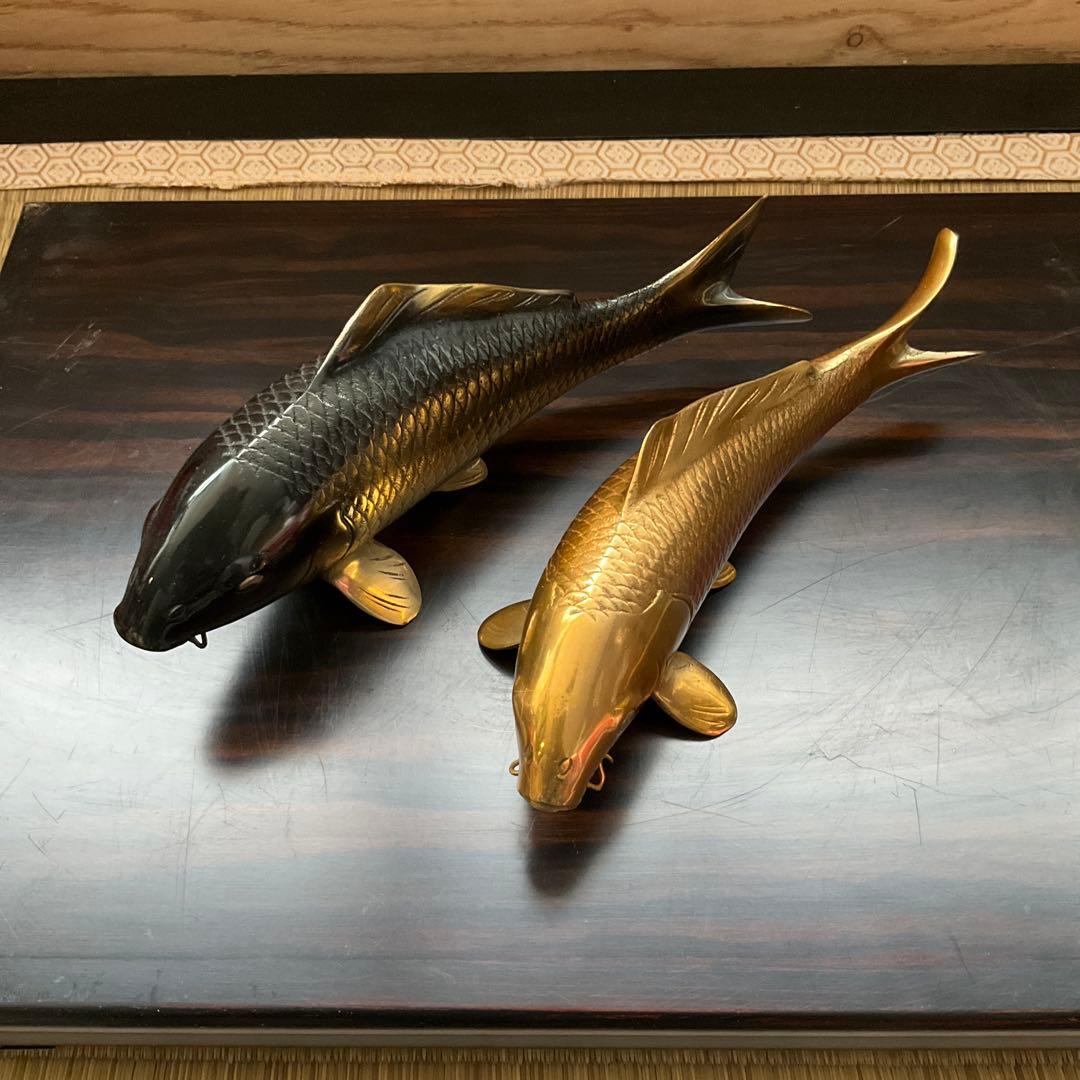 双鯉 双鯉 夫婦鯉 縁起物 金属製鯉の彫刻セット 置物 美術品 金属製鯉の装飾品
