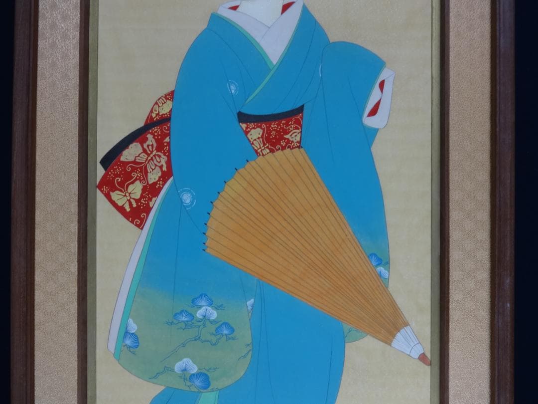 上村松園　舞子 芸者 着物美人・肉筆水彩・大型額装・日本画・ us46r